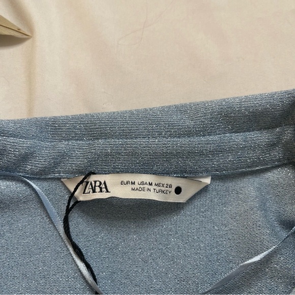 Zara Open Detail Ruched Blue Metallic Silver Keyhole Knit Y2K Blouse Top Medium - Picture 5 of 7